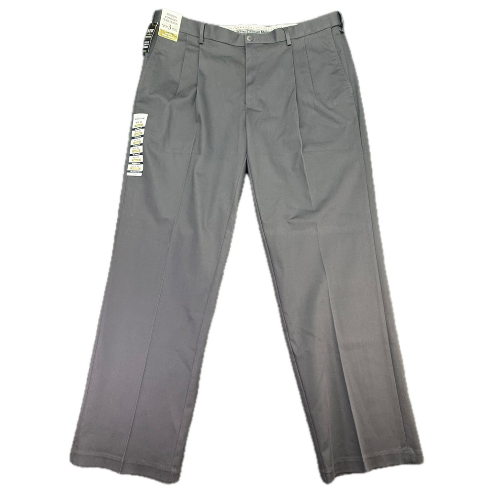 Haggar Premium Khaki Pants Mens 40x32 Dark Grey Pleated Classic Fit Iron Free